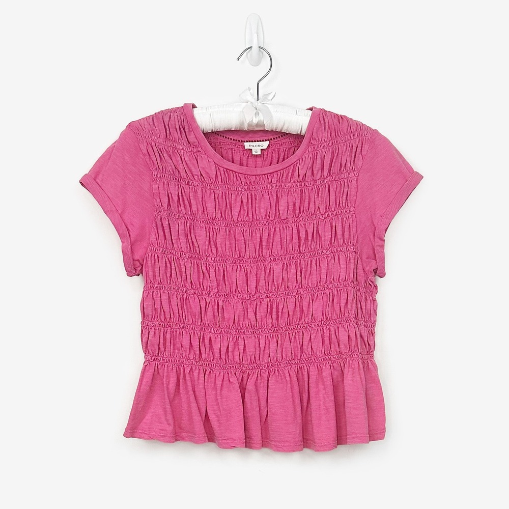 Pilcro The Tabby Ruched Cap-Sleeve Tee Size L Pink Cotton Romantic Girlcore Boho